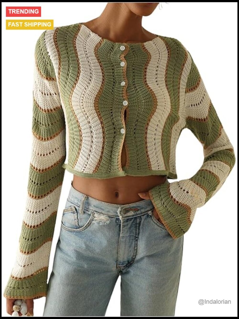 Color Block Striped Crochet Cardigan Sweater Button Up Long Sleeve Crop Knit Top